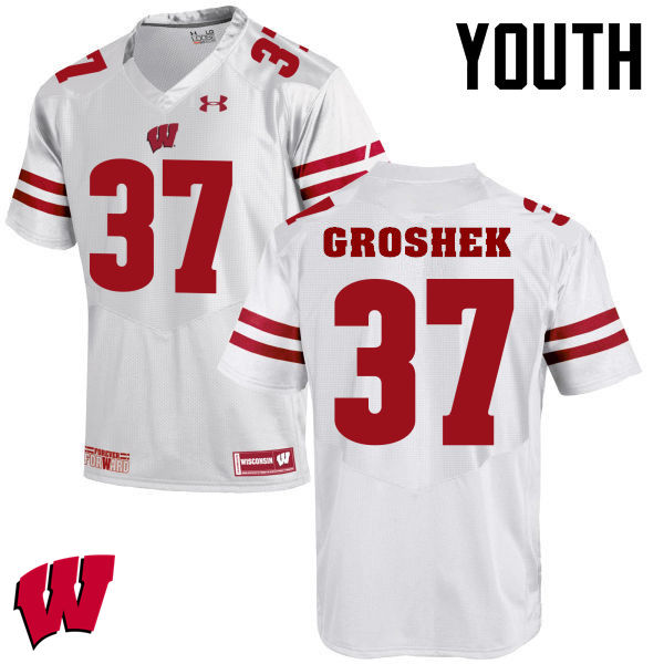 Youth Winsconsin Badgers #37 Garrett Groshek College Football Jerseys-White - Click Image to Close
